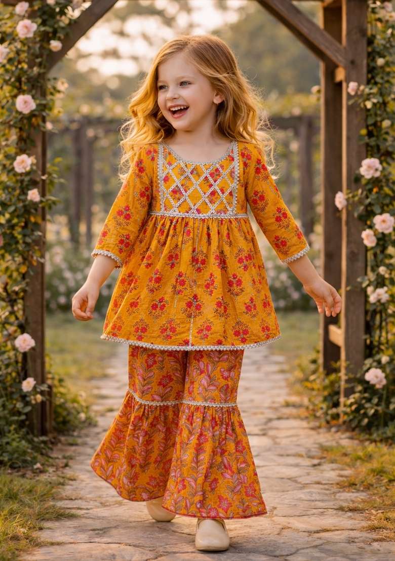 Yellow Printed Cotton Kurta Set For Girls - Indya