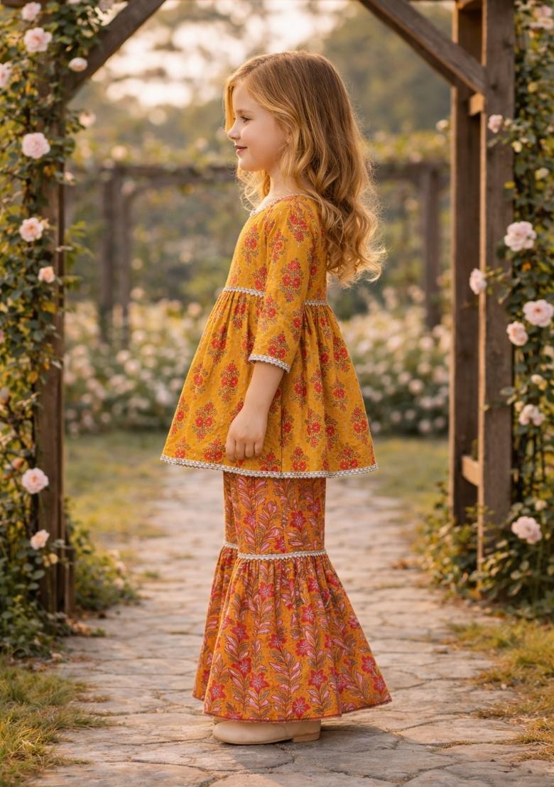 Yellow Printed Cotton Kurta Set For Girls - Indya