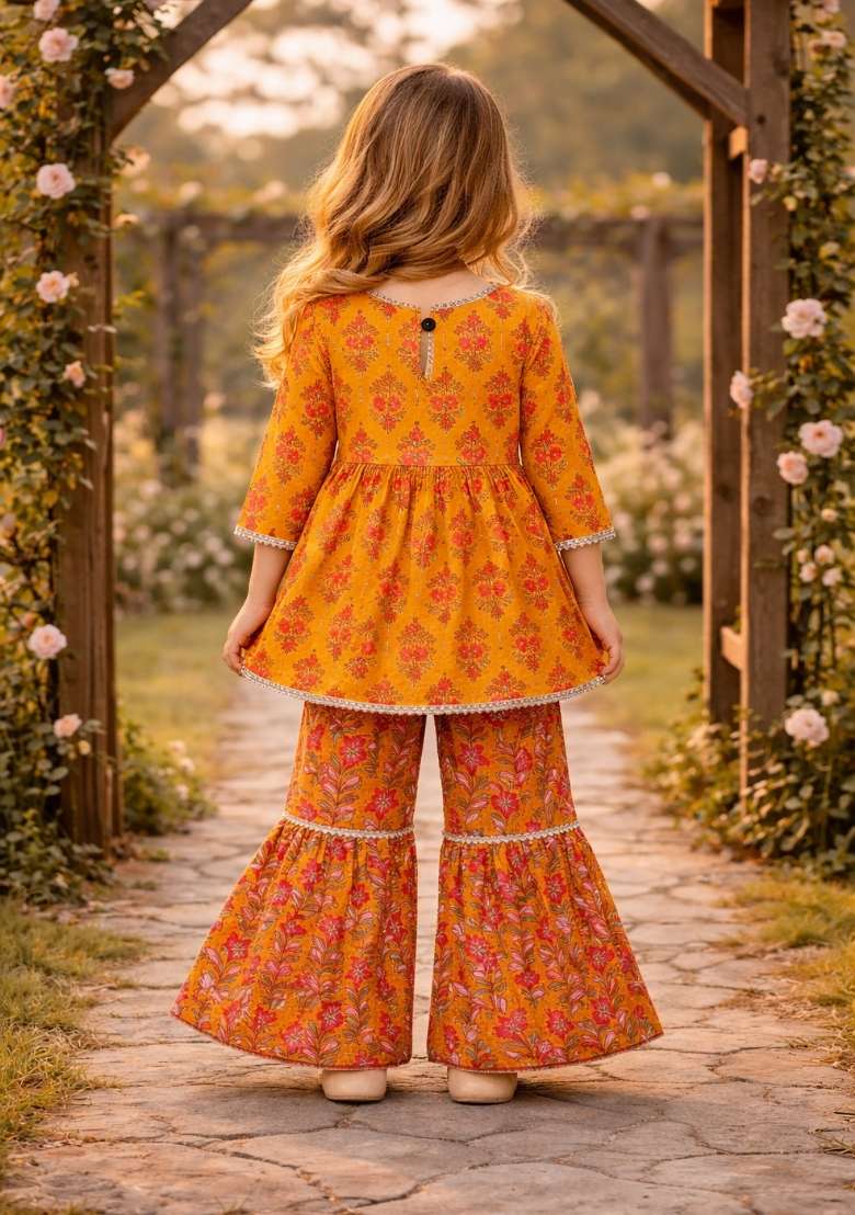 Yellow Printed Cotton Kurta Set For Girls - Indya