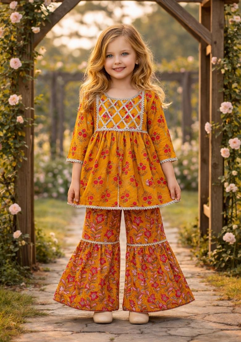 Yellow Printed Cotton Kurta Set For Girls - Indya