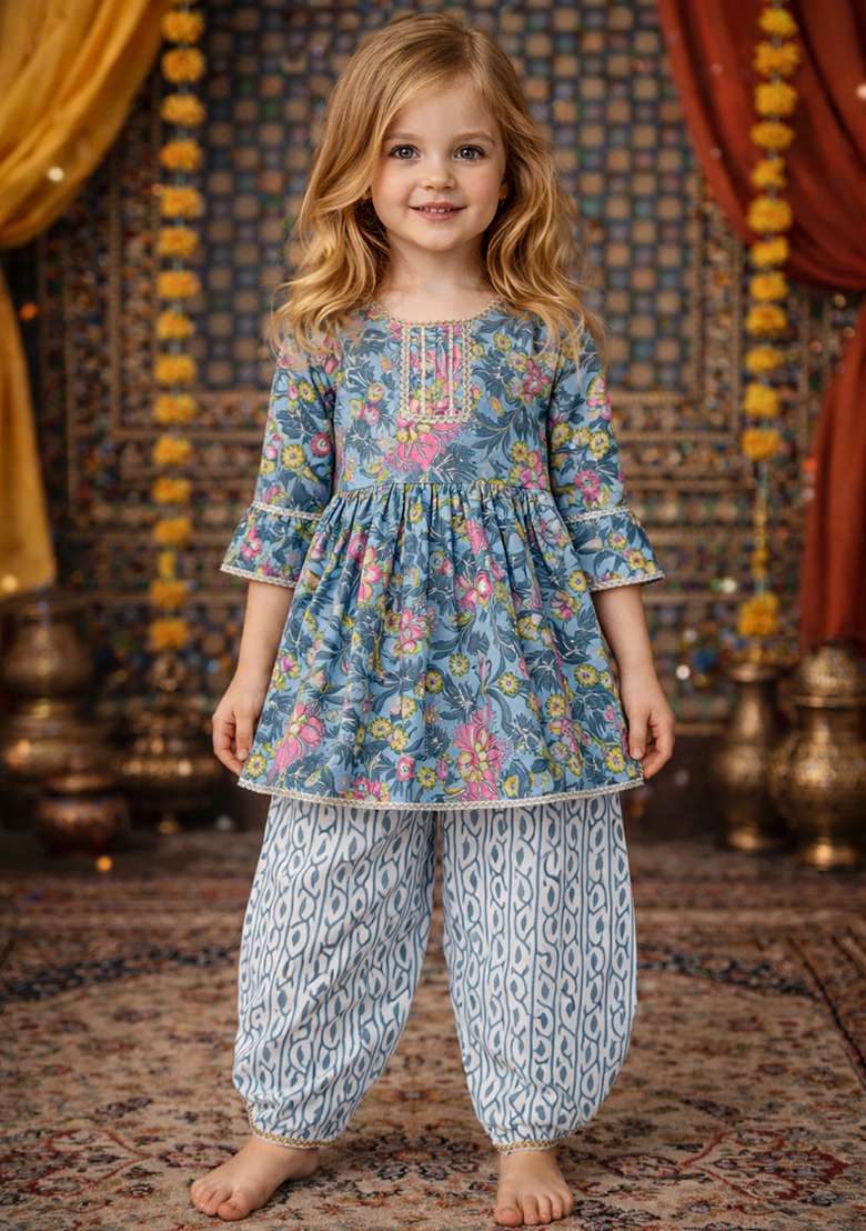 Light Blue Printed Cotton Kurta Set For Girls - Indya