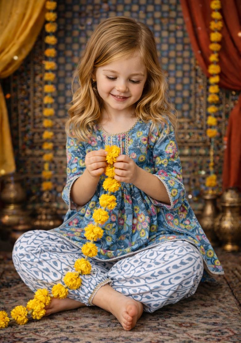 Light Blue Printed Cotton Kurta Set For Girls - Indya