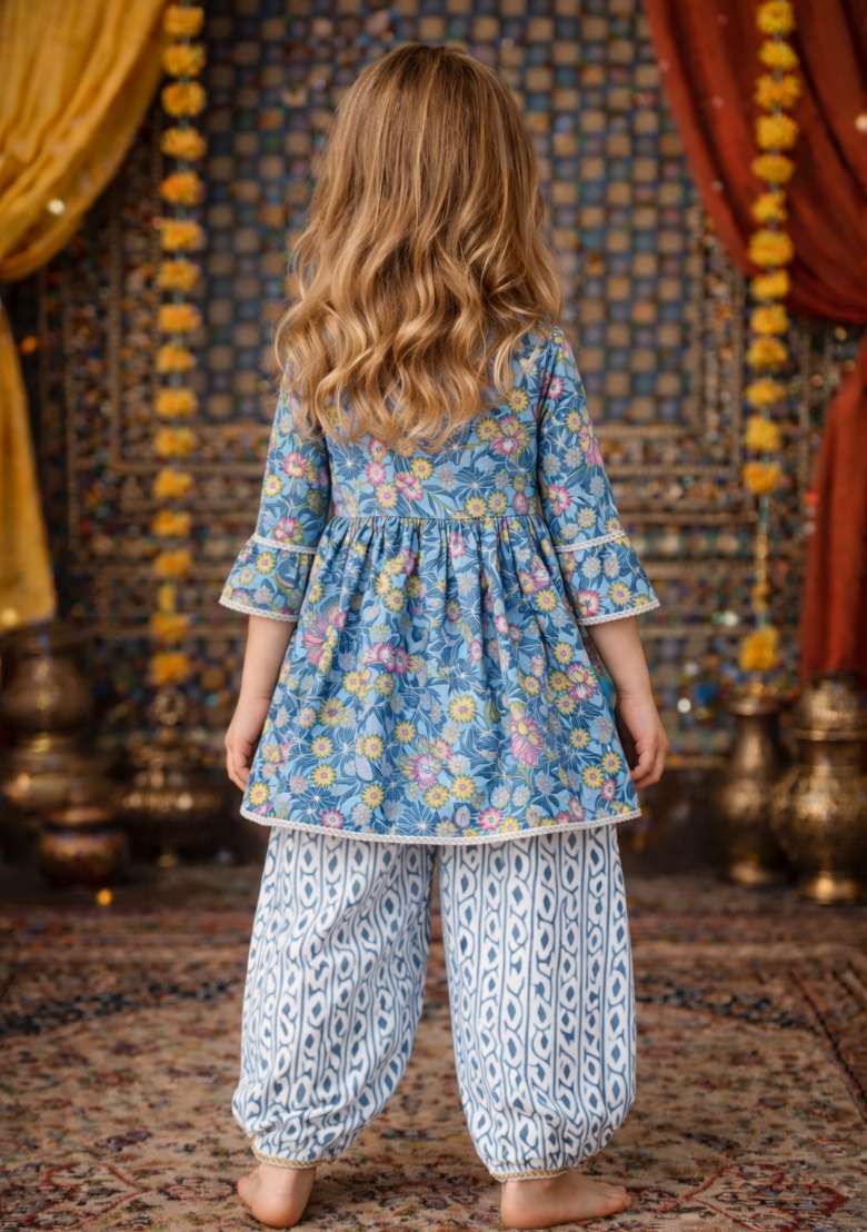 Light Blue Printed Cotton Kurta Set For Girls - Indya