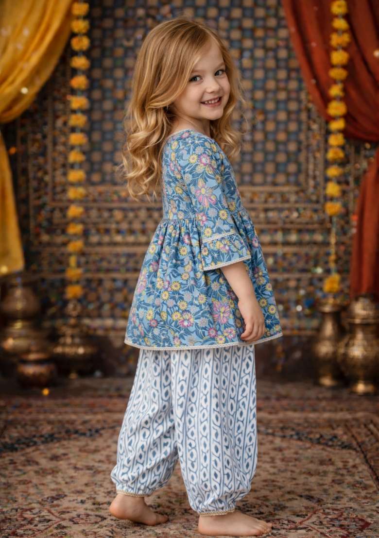 Light Blue Printed Cotton Kurta Set For Girls - Indya