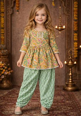 Green Printed Cotton Kurta Set For Girls