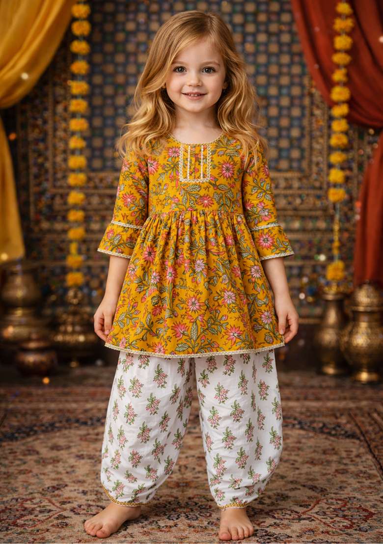 Yellow Printed Cotton Kurta Set For Girls - Indya