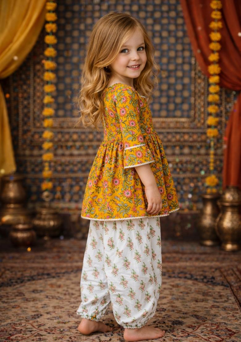 Yellow Printed Cotton Kurta Set For Girls - Indya