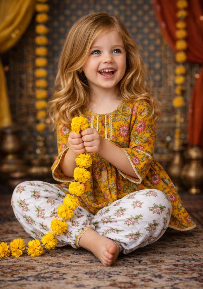 Yellow Printed Cotton Kurta Set For Girls - Indya