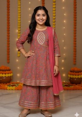 Pink Printed Cotton Kurta Set For Girls