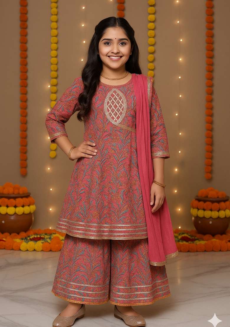 Pink Printed Cotton Kurta Set For Girls - Indya