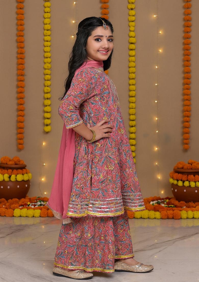 Pink Printed Cotton Kurta Set For Girls - Indya