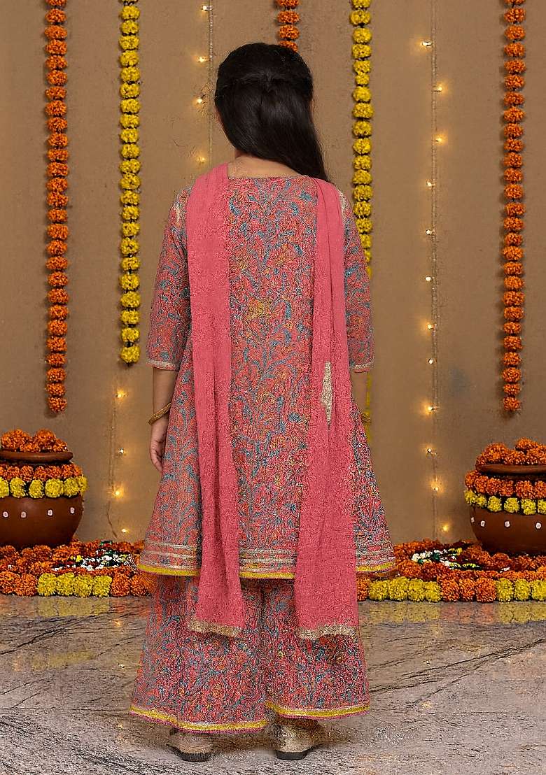 Pink Printed Cotton Kurta Set For Girls - Indya