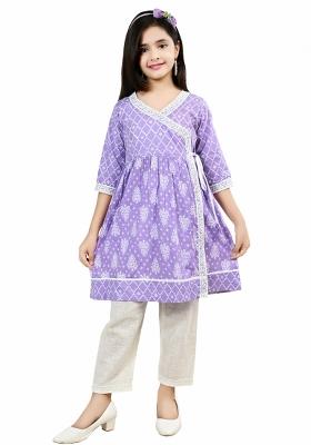 Pink Printed Cotton Kurta Set For Girls