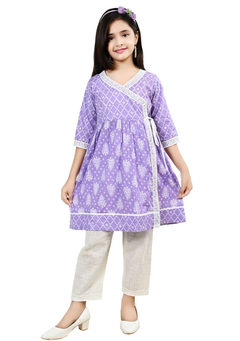 Pink Printed Cotton Kurta Set For Girls - Indya