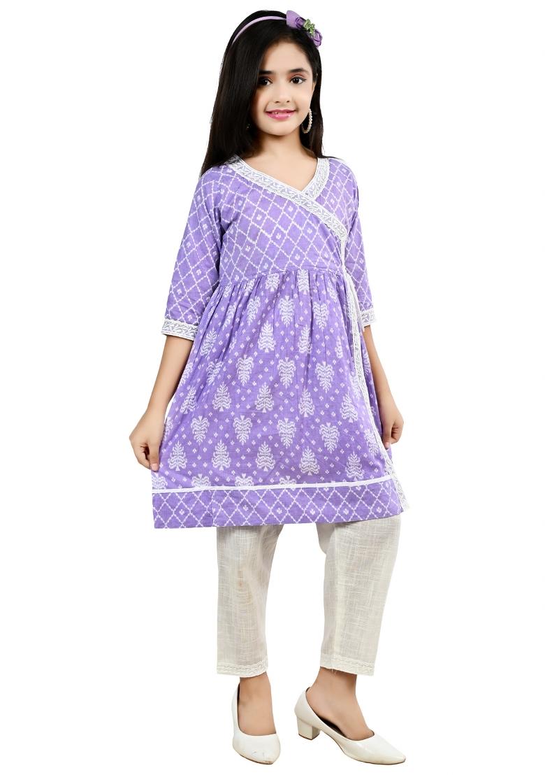 Pink Printed Cotton Kurta Set For Girls - Indya