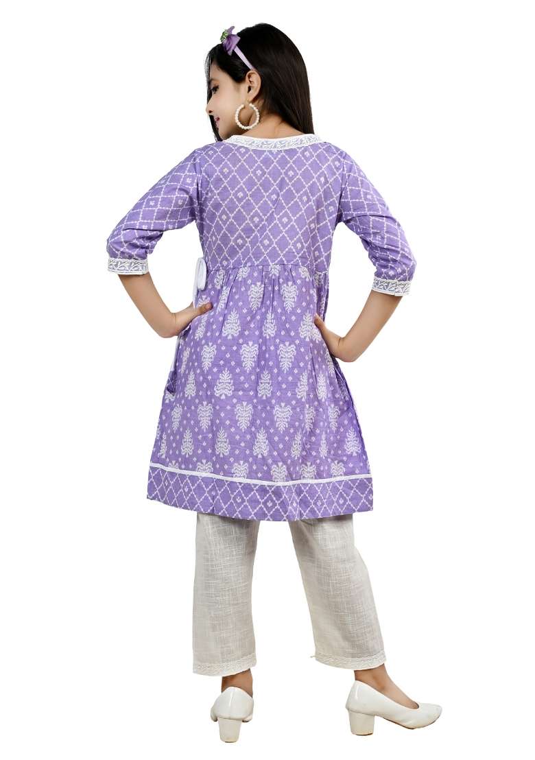 Pink Printed Cotton Kurta Set For Girls - Indya