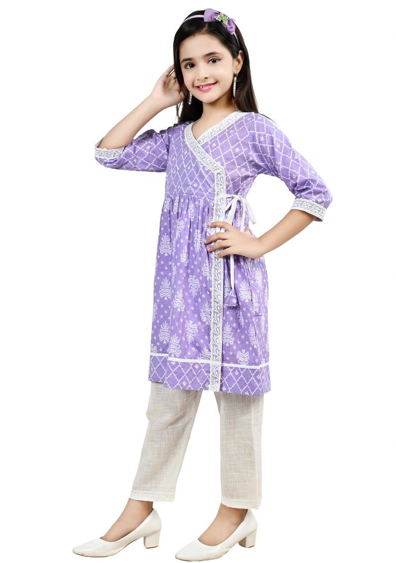 Pink Printed Cotton Kurta Set For Girls - Indya