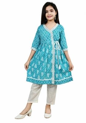 Blue Printed Cotton Kurta Set For Girls