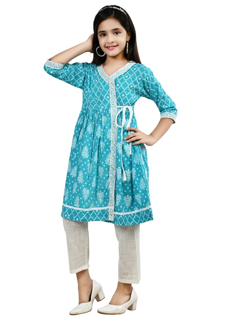 Blue Printed Cotton Kurta Set For Girls - Indya