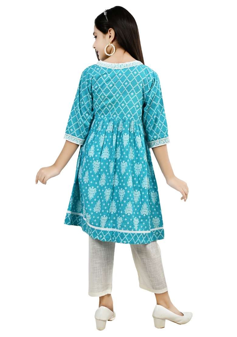 Blue Printed Cotton Kurta Set For Girls - Indya