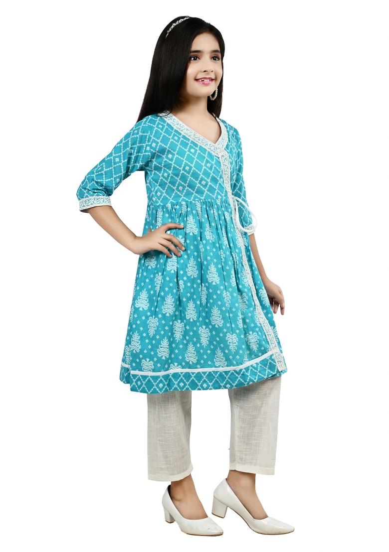 Blue Printed Cotton Kurta Set For Girls - Indya