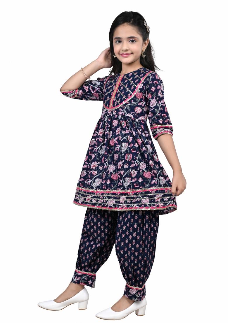 Blue Printed Cotton Kurta Set For Girls - Indya
