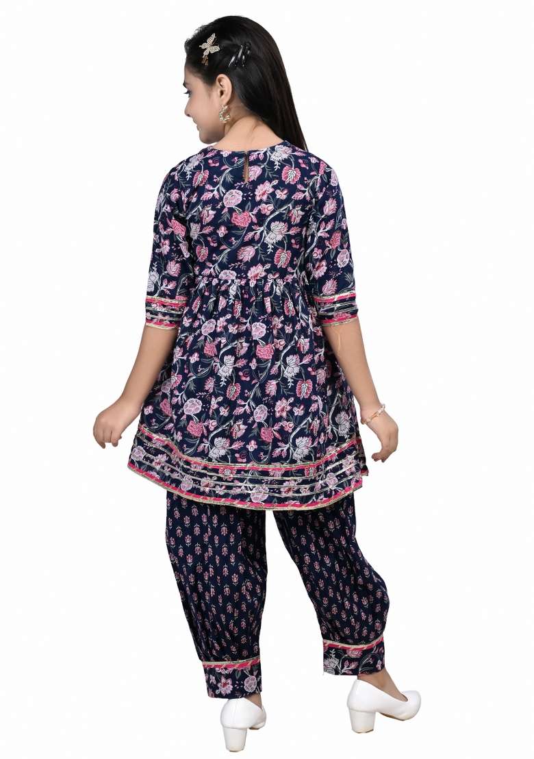 Blue Printed Cotton Kurta Set For Girls - Indya