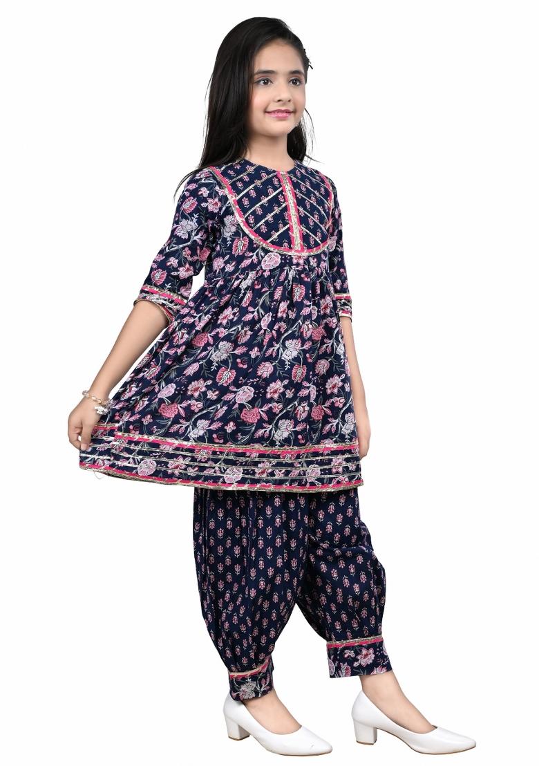 Blue Printed Cotton Kurta Set For Girls - Indya