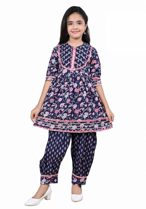 Blue Printed Cotton Kurta Set For Girls