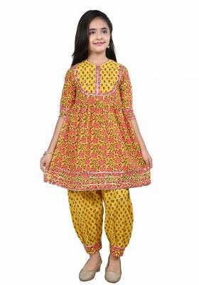 Yellow Printed Cotton Kurta Set For Girls