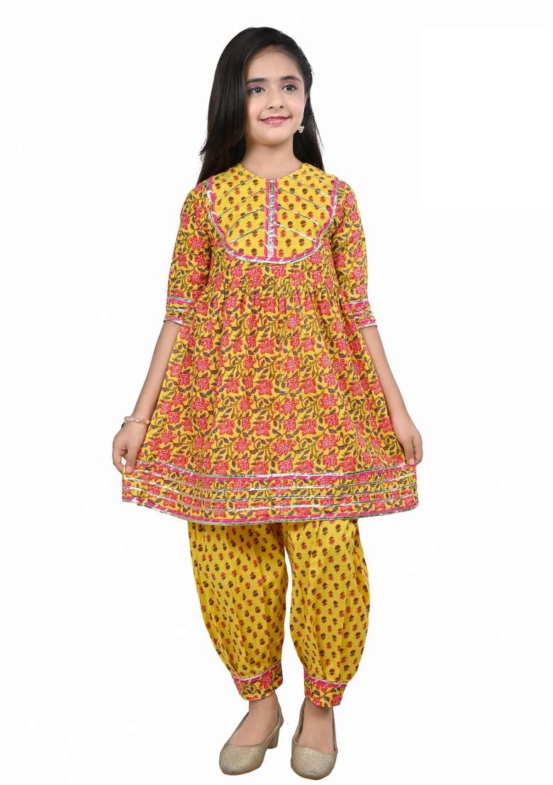 Yellow Printed Cotton Kurta Set For Girls - Indya