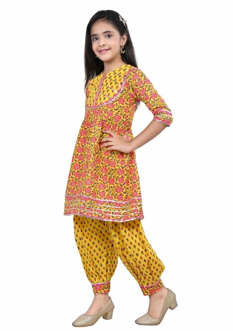 Yellow Printed Cotton Kurta Set For Girls - Indya