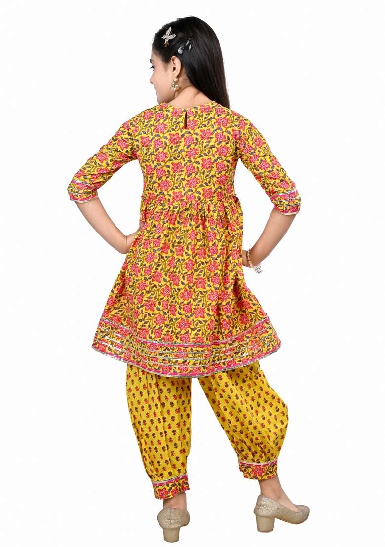 Yellow Printed Cotton Kurta Set For Girls - Indya
