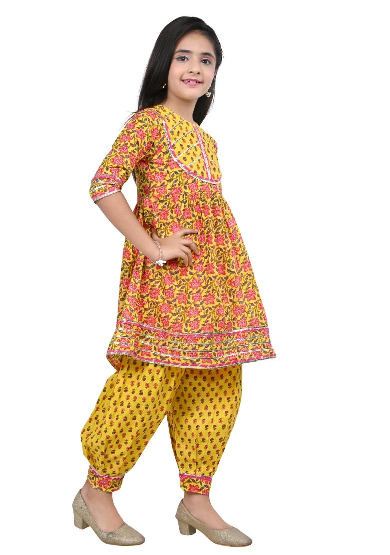 Yellow Printed Cotton Kurta Set For Girls - Indya