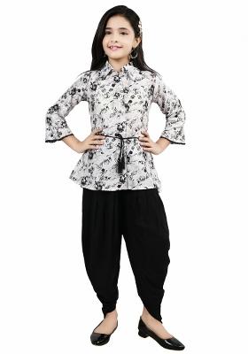 Black Printed Cotton Kurta Set For Girls