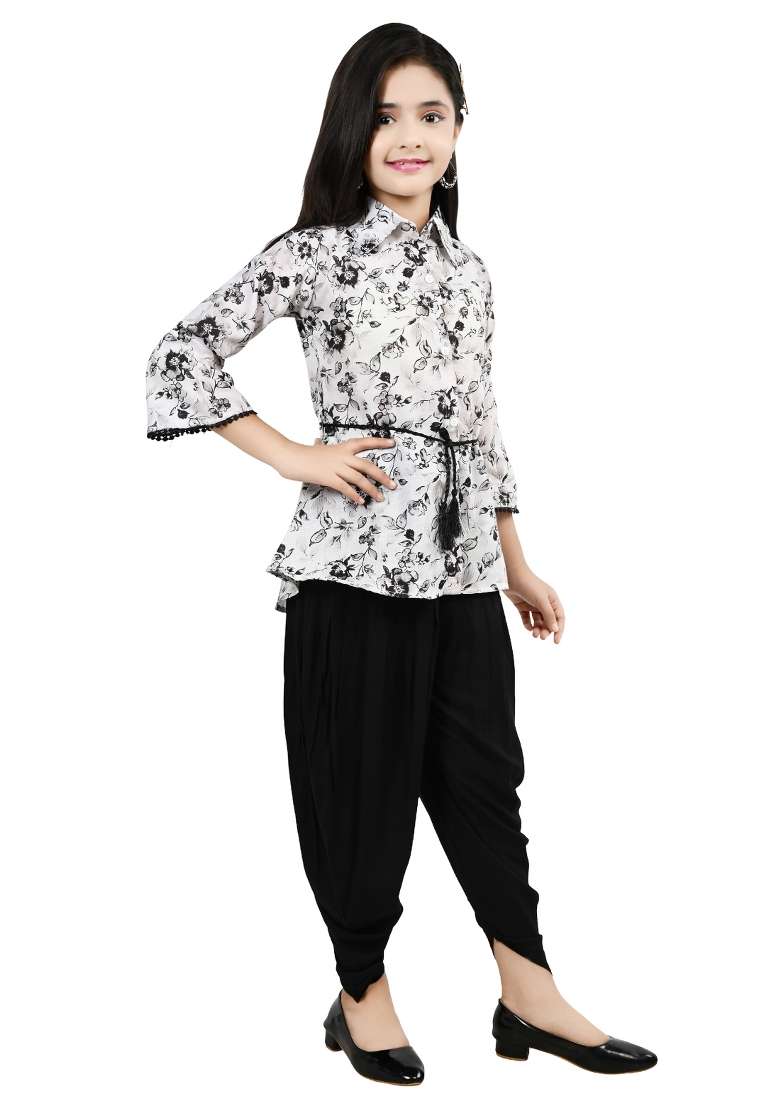 Black Printed Cotton Kurta Set For Girls - Indya