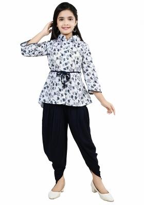 Blue Printed Cotton Kurta Set For Girls