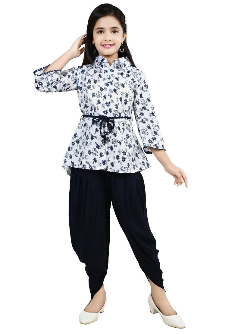 Blue Printed Cotton Kurta Set For Girls - Indya