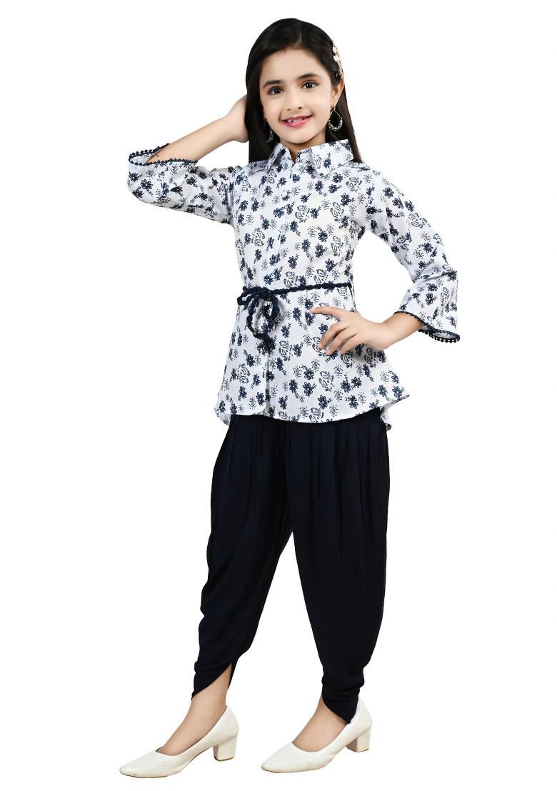 Blue Printed Cotton Kurta Set For Girls - Indya