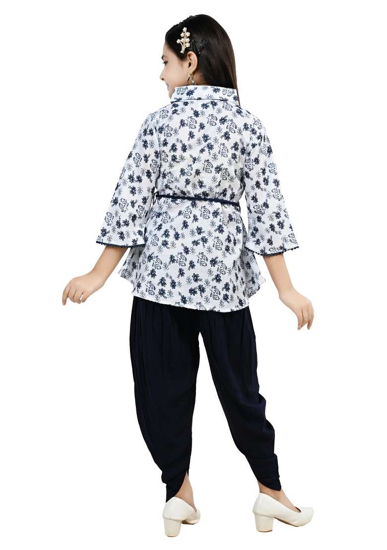 Blue Printed Cotton Kurta Set For Girls - Indya