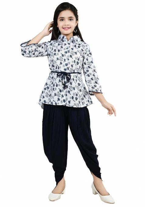 Blue Printed Cotton Kurta Set For Girls