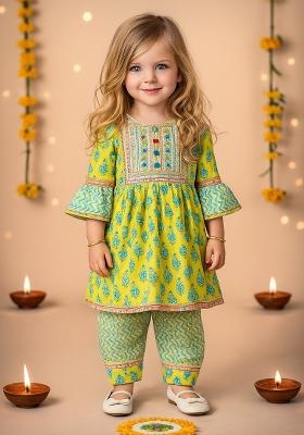 Yellow Printed Cotton Kurta Set For Girls