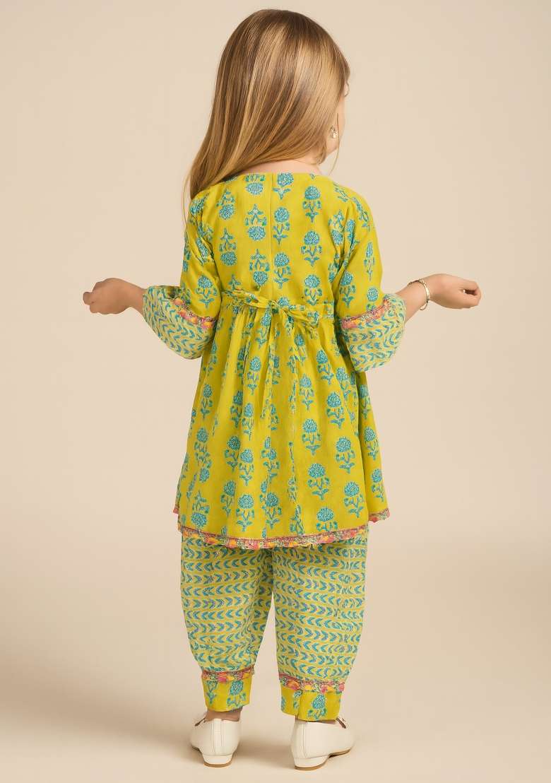 Yellow Printed Cotton Kurta Set For Girls - Indya