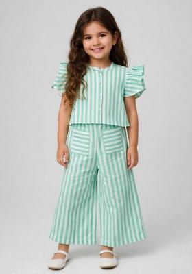 Green Striped Cotton Co Ord Set For Girl