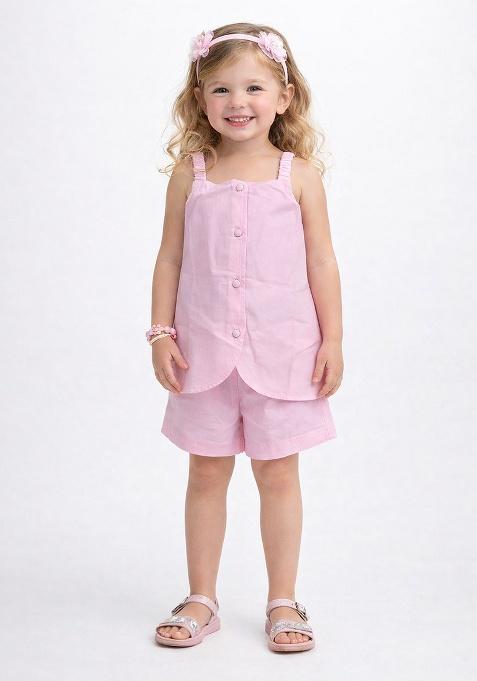 Pink Solid Cotton Co Ord Set For Girl