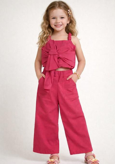 Fuchsia Solid Cotton Co Ord Set For Girl