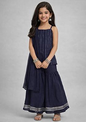 Navy Blue Embellished Georgette Kurti And Sharara Set For Girl