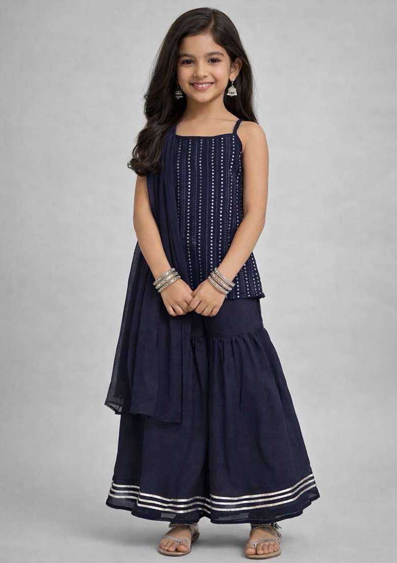 Navy Blue Embellished Georgette Kurti And Sharara Set For Girl - Indya