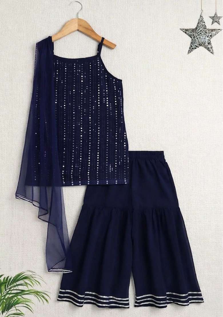 Navy Blue Embellished Georgette Kurti And Sharara Set For Girl - Indya