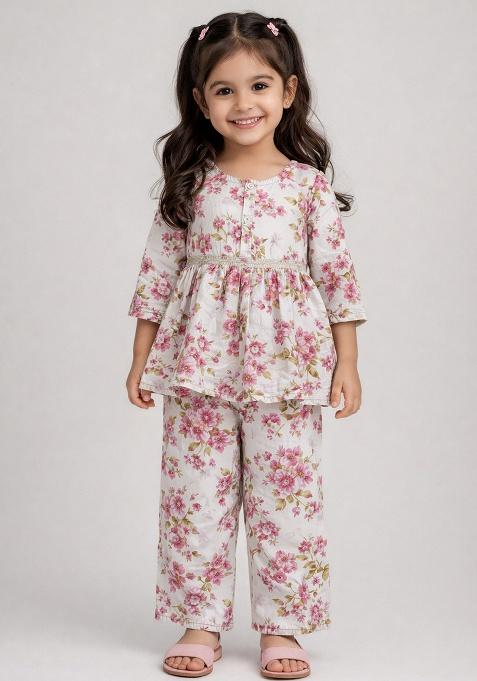 White Printed Cotton Co Ord Set For Girl